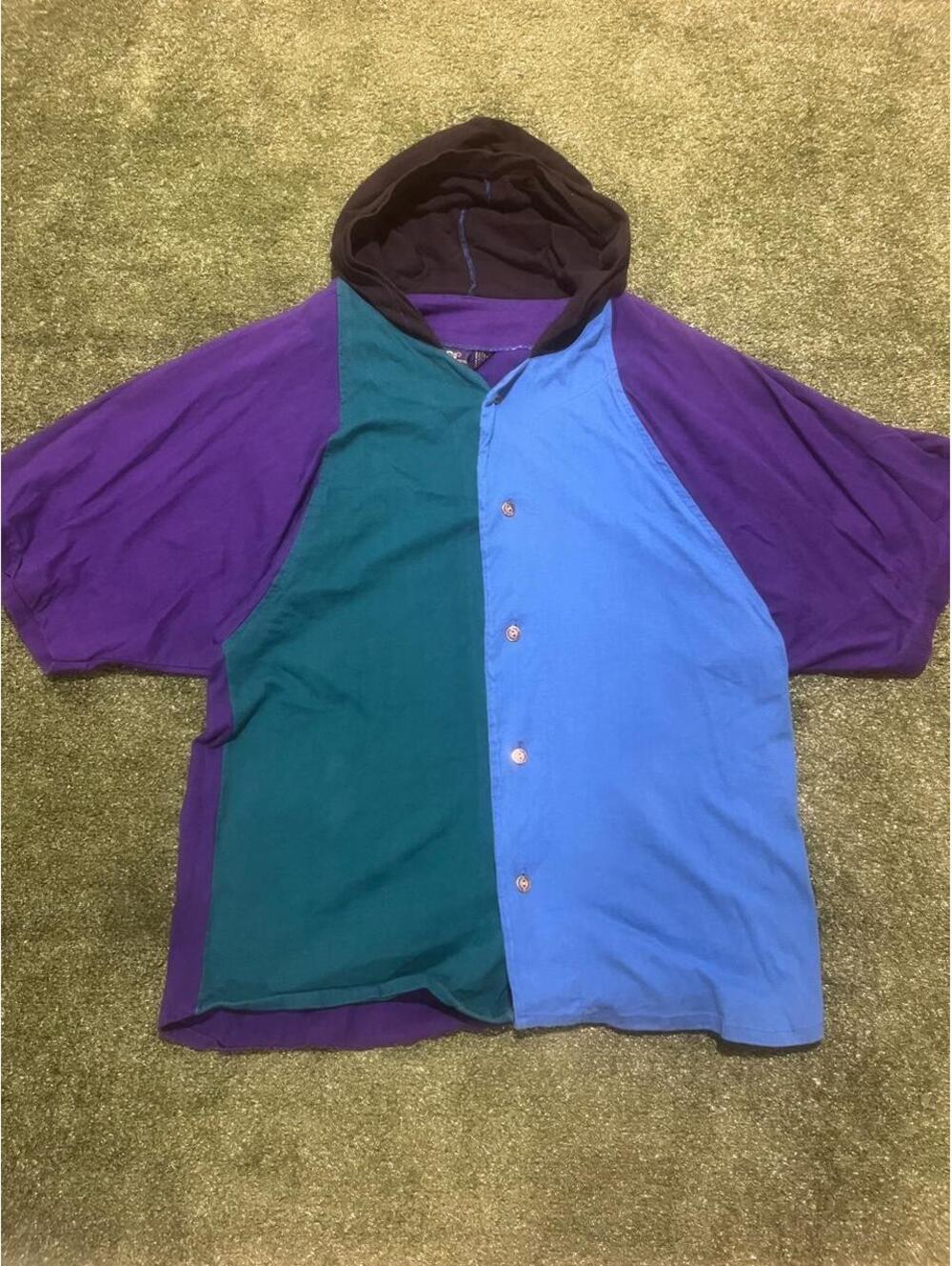 Vintage 90s Sarah Safari Purple & Blue Hooded Button-Up Shirt – Size XL